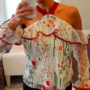 WOMEN'S BRAND NEW FLORAL SHEER HALTER TOP BLOUSE SIZE SMALL
